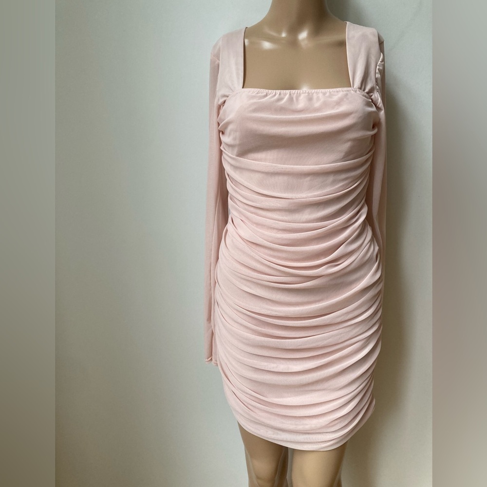 Boohoo baby pink ruched dress